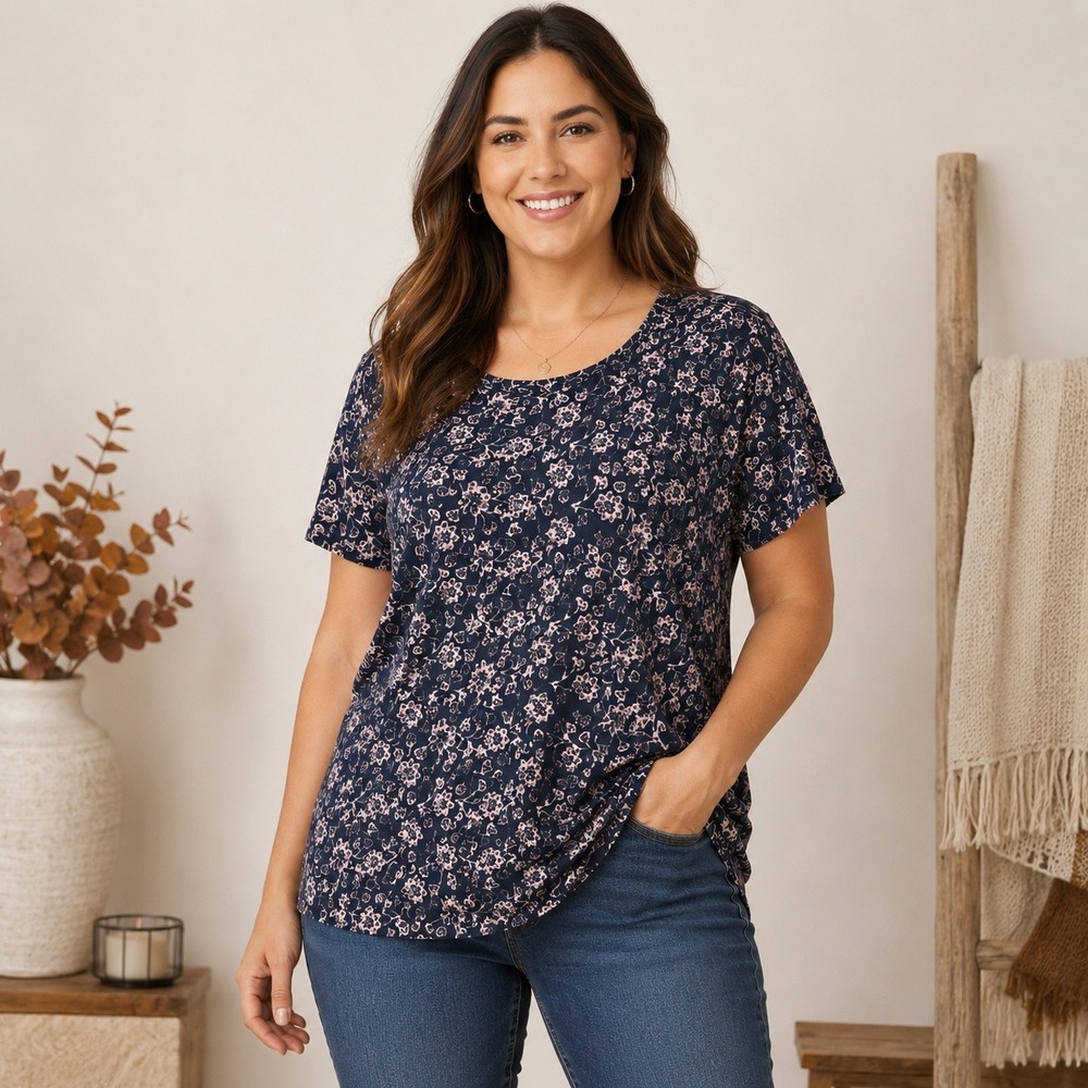 Pure Jill Pima Cotton Floral Scoop Neck Elliptical Tee Navy Pink L